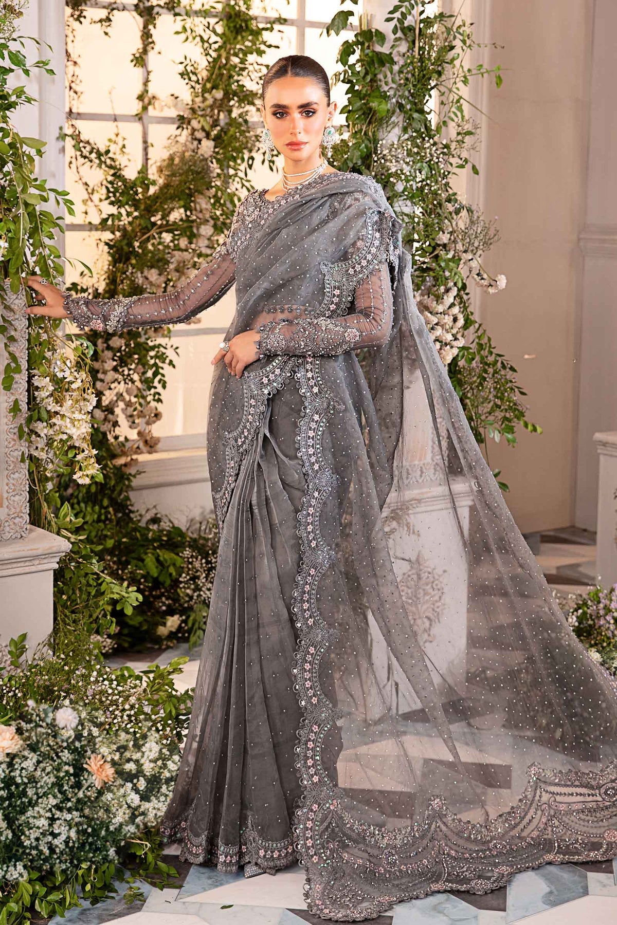 Embroidered Organza Suit | BD-2902 - Grey-Default